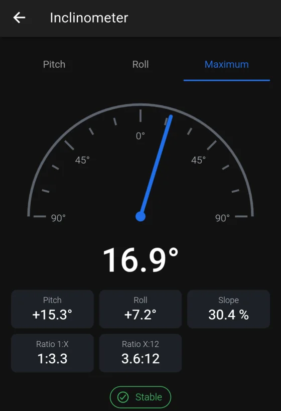 Inclinometer screen with a dial reading 16.9 degrees and a 30.4 percent slope