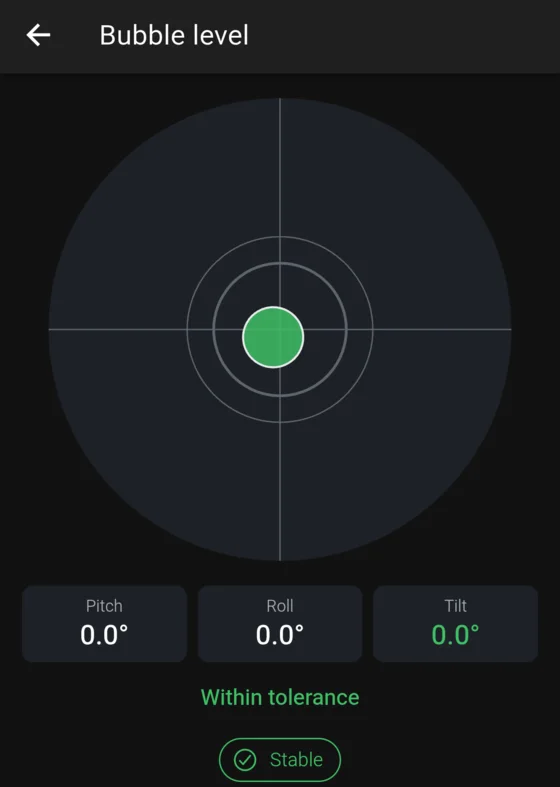 LevelScope bubble level showing a level surface, within tolerance